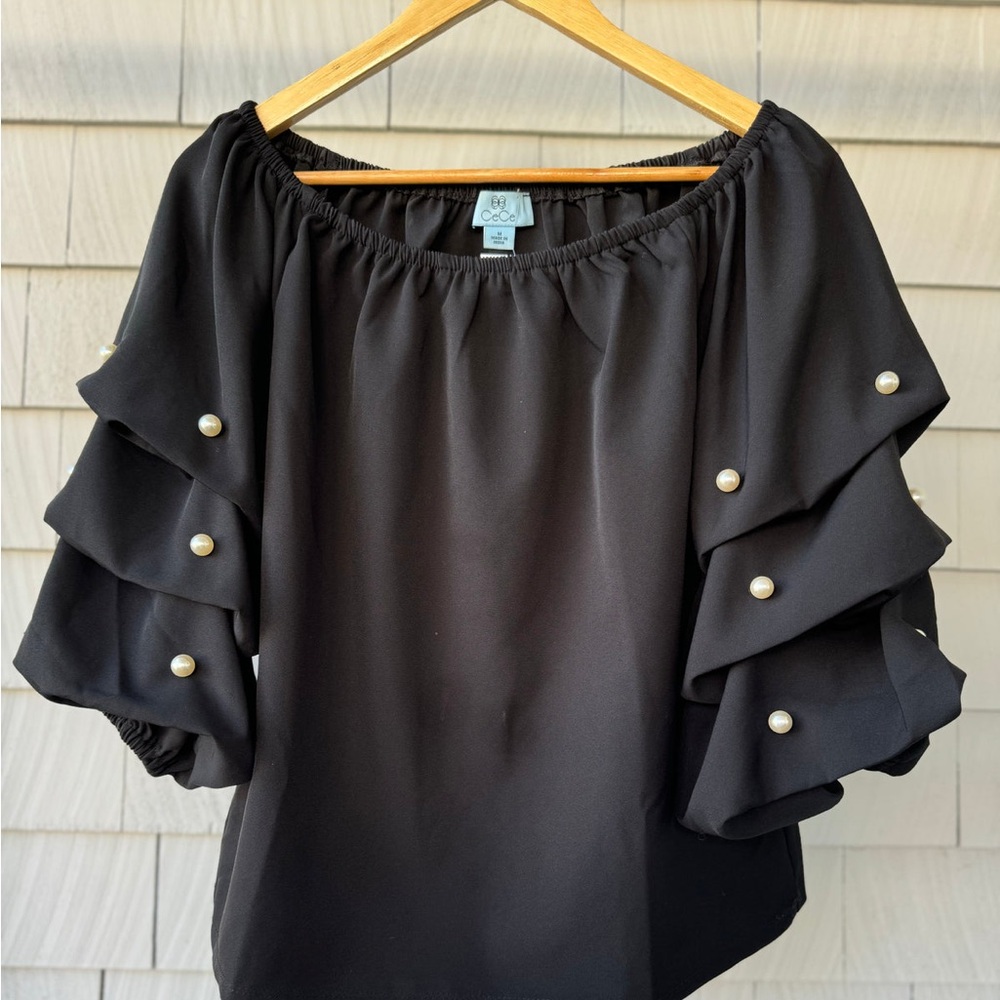 CeCe Forest Green Ruffled Blouse with Pearl Details
